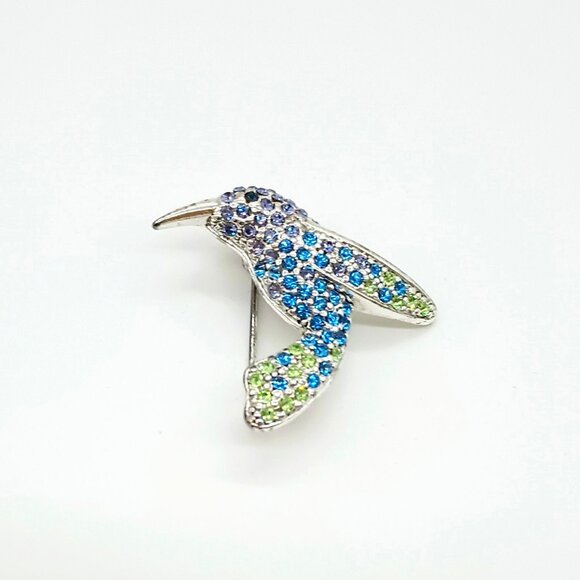 Monet Vintage Hummingbird Brooch Silver Tone Green & Blue Tone Pave Pin - Picture 1 of 5